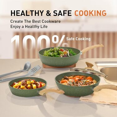 Набір каструль та сковорідок DishDelight 30 предметів з антипригарним покриттям з граніту. Набір каструль, сковорідок з кришками з термостійкого скла. Зелений колір.