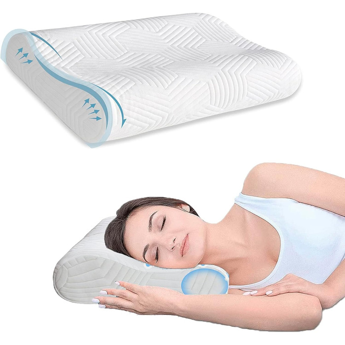 Ергономічна подушка для шиї та голови LAMB з ефектом пам'яті (Memory Foam), регульована висота, для сну на боці, з мийним чохлом, 50x36x10/8 см, біла