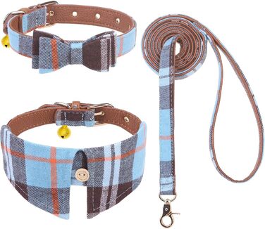 Набір аксесуарів для собак ExPawlorer: ошийник та поводок з бантиком у клітинку, регульований, з дзвіночком, 3 шт. (Himmelblau, X-Small)