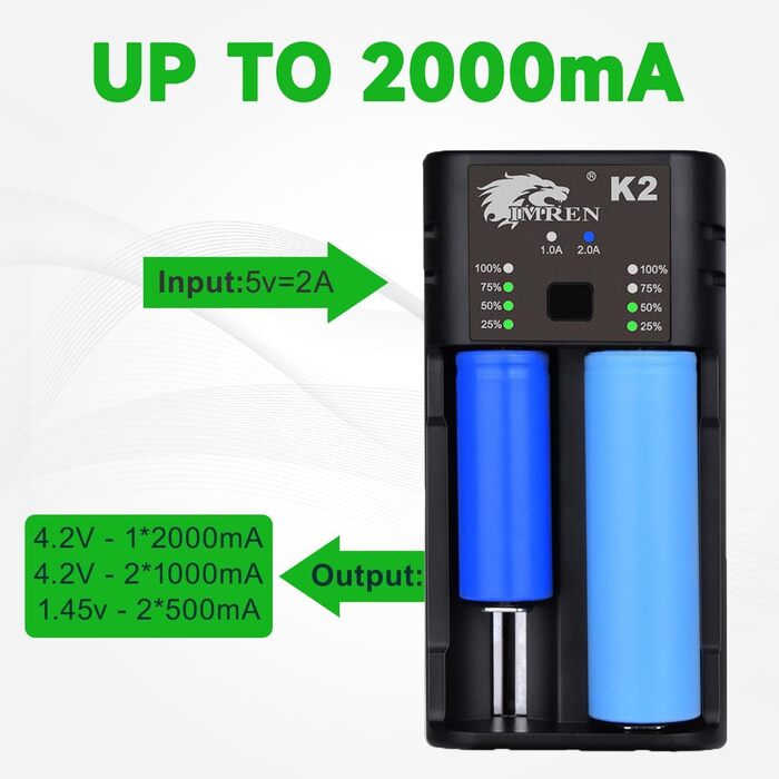 Зарядний пристрій IMREN 18650 з 4 слотами, 2A, USB-C, для акумуляторів 18350, 14500, 14650, 17500, 18700, 20700, 21700, 22650, 26650, 1.2V NI-MH/NI-Cd AA AAA C