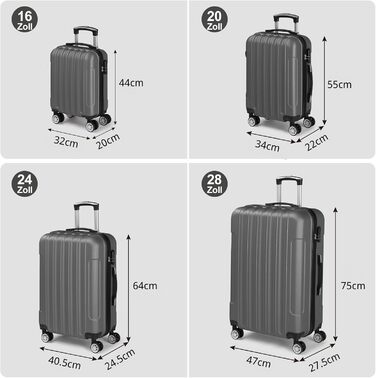Набір валіз LALAHO 3/4/5 шт. з косметичками, з ABS пластику, сірий (4 шт.)