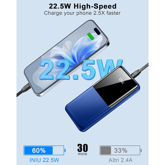 Портативний зарядний Power Bank 10000mAh, 22.5W, PD USB-C, для iPhone, Samsung та інших. Чорний/Синій