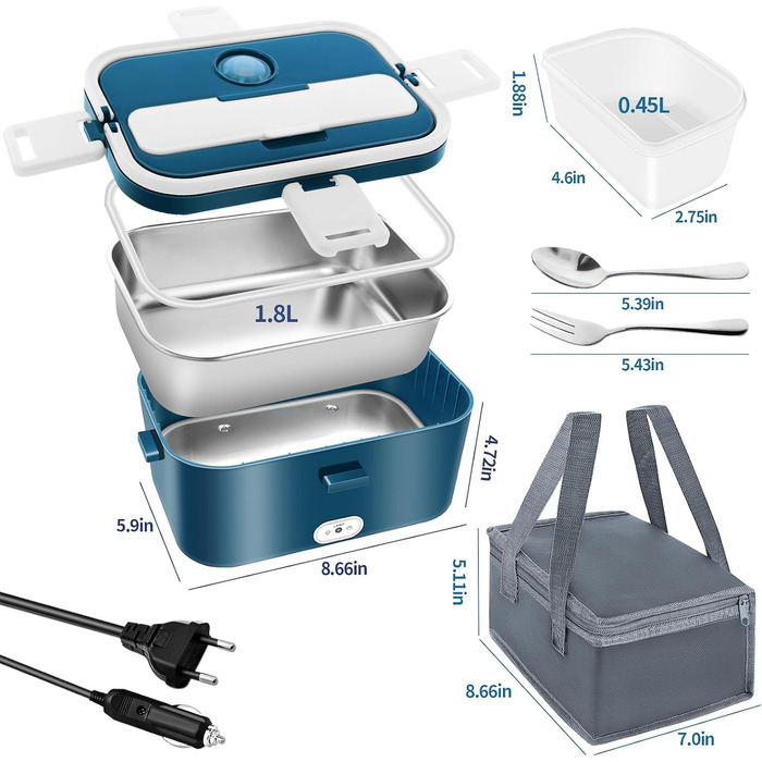 Електрична ланчбокс 120W 3-в-1 12V/24V/220V – обідова коробка з підігрівом для авто, офісу, 1,8L з нержавіючою сталлю та сумкою