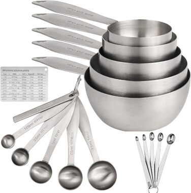 Measuring cup and spoon set, robust, stainless steel measuring cups and spoons, 20 pieces: 5 measuring cups, 6 measuring spoons, 5 mini measuring cups, conversion chart for measuring cups and spoons.