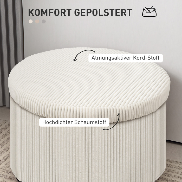 HOMCOM Storage Ottoman with Lid, Round Upholstered Footstool with Corduroy Look for Living Room, Bedroom 60 x 60 x 41 cm Beige | Aosom