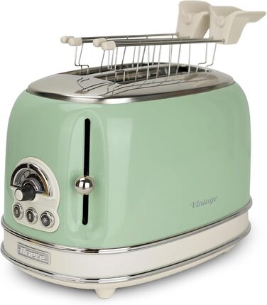Тостер Ariete Vintage 155, 2-слайсовий, ретро, 6 режимів, автоматичний викид, розморожування, зйомний піддон, нержавіюча сталь, щипці для сендвічів, 810 Вт, зелений