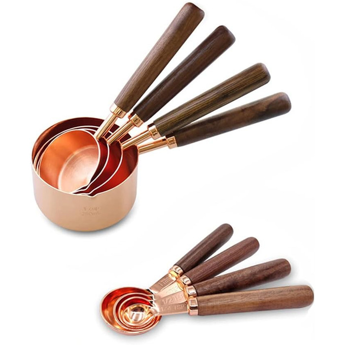 Alnicov Measuring Cups & Measuring Spoons 8-Piece Set, rose gold measuring spoons with walnut handle for the kitchen for measuring various ingredient quantities. For kitchen, cooking, and baking.