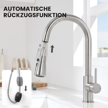 Кран кухонний CECIPA з 3 режимами, висувна лійка, поворотний на 360°, з високим виливом, нержавіюча сталь, з однією ручкою