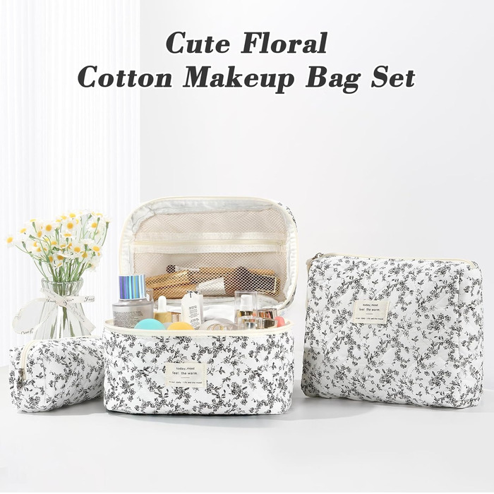 Набір косметичок 3 шт. з квітковим принтом, для жінок та дівчат | Косметичка для подорожей та повсякденного використання | Білий, чорний, квіти