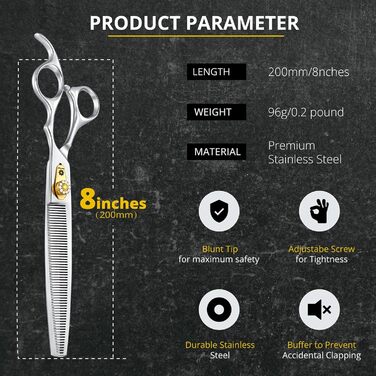 Професійна собача шерсть ножиці Dream Reach 8 дюймів - 440C нержавіюча сталь, ергономічна ручка, для собак та котів