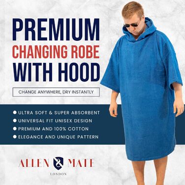 ALLEN & MATE Adult Hooded Towel Poncho, 100% Terry Cotton, Wrap Robe for Swimming, Surfing, and Beach Bathing