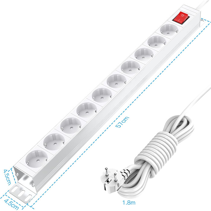 Мережевий фільтр 10 розеток з захистом від перенапруги, з вимикачем та поворотними кріпленнями, металевий корпус (білий)