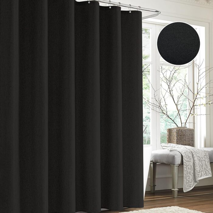 Штора для ванної Waffel з кільцями, водовідштовхувальна, антигрибкова, льон-чорний, 182x182 см (H244 x B182 см)