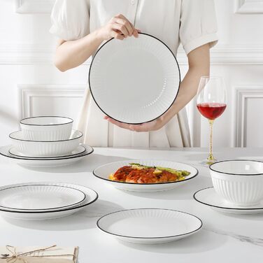 Набір посуду MALACASA LEILA для 6 осіб, 24 предмета: тарілки, миски, порцеляна, ручне рельєфне оформлення, підходить для мікрохвильової печі та посудомийної машини, білий з чорним контуром