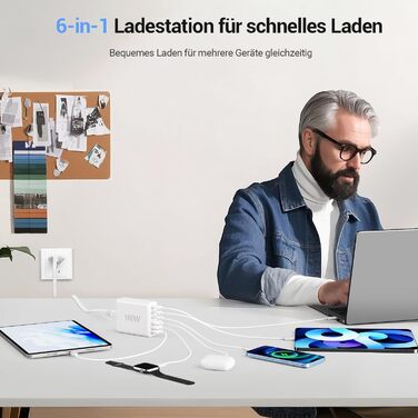 Зарядний пристрій USB 160W, 6 портів (USB-C, USB-A) - Швидка зарядка для ноутбука, смартфонів, iPad, навушників - Білий