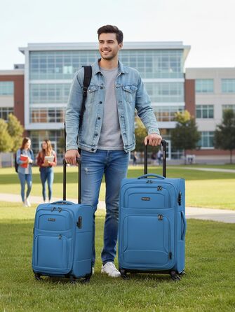 Набір валізак SMARTBOX 3 шт. для жінок та чоловіків | Легкі та міцні валізи-ролери, якісний softcase, 4 колеса та кодовий замок | Розширювані | Slate-blue (Сіро-блакитний), розмір S (56 см)