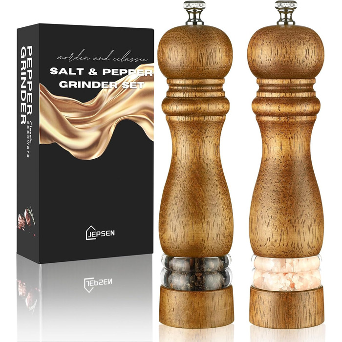 Набір для солі та перцю Jepsen: ручні млини з дерева, наповнювані, з регульованим керамічним ядром, 2 шт.
