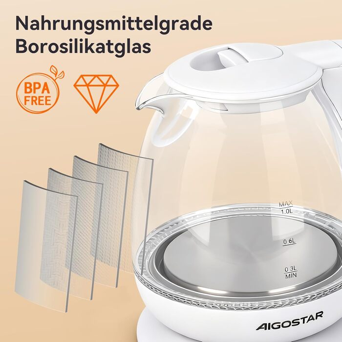 Електричний чайник Aigostar зі скла, 1 л, 2200W, LED-підсвічування, автоматичне відключення, захист від сухого кипіння, BPA Free, білий