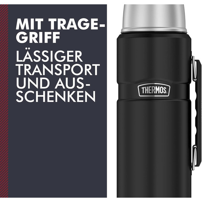 THERMOS STAINLESS KING Thermos flask black matte 1.20L - Stainless steel, absolutely leak-proof, with drinking cup and handle, 12h hot & 24h cold, dishwasher safe, BPA-free