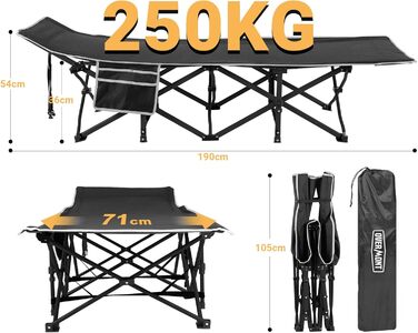 Розкладне ліжко Overmont для кемпінгу - туристичне ліжко 190 x 71 x 36 см, до 250 кг, Oxford 2400D з кишенею, сумка для перенесення (чорний)