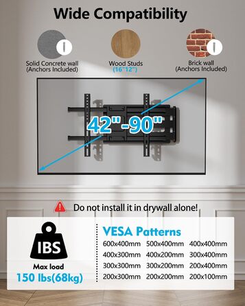 Настінне кріплення для телевізора HY-Bracket поворотне, для LED, OLED, 4K, 37-80 дюймів, чорне