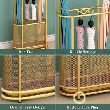 Металева підставка для парасоль та тростинок SINBINTA, з гачками та піддоном, для прихожого/входу (Золота)