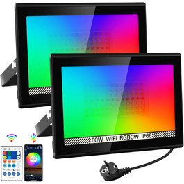 LED Floodlights Outdoor, 100W Smart RGB Floodlights with Remote Control and Bluetooth App, LED Floodlight Spotlights Color Changing Projector, IP66 Waterproof Floodlight for Gardens, Courtyards (2 Pack) (60w-rgb-app-2p)