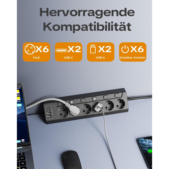 Мережевий фільтр 5-портовий з USB та LED, чорний. Розподільник розеток на стіл, для дому, кухні. Можливість настінного монтажу.