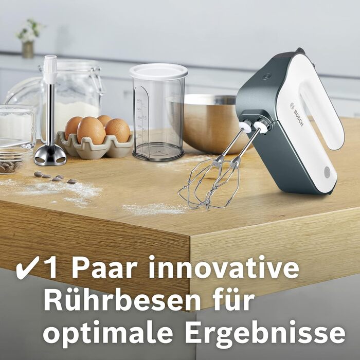 Bosch Hand Mixer Styline MFQ49700, 5 speeds, 2 stainless steel beaters and dough hooks, spiral cable, stainless steel mixing rod, 850 W, white/dark silver