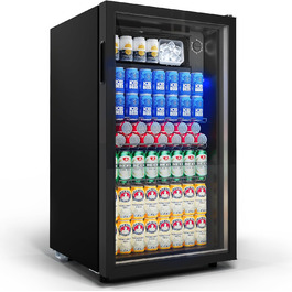 Холодильник для напоїв на 85 літрів з скляними дверцятами та блакитним LED-підсвічуванням, 3 регульовані полиці для соди/пива/вина, ідеальний для дому та вечірок