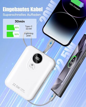 Power Bank 20000mAh з інтегрованим кабелем: Швидка зарядка 22.5W, USB C (вхід та вихід), акумулятор для мобільного телефону, Powerbank з 4 виходами та 2 входами, білий