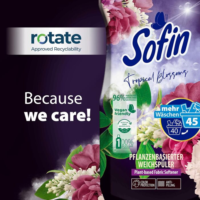 Набір кондиціонера для білизни Sofin Tropical Blossom, веганський, з ефектом проти котушкості, без мікропластику, 0.81 л x 10 шт (для 45 прань кожна пляшка)