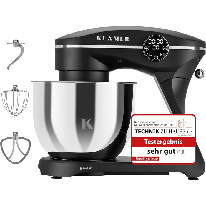 KLAMER 1800W Stand Mixer - Stainless Steel Bowl 6L, 10 Speed, Timer, Planetary Mixing, Dough Hook, Whisk & Beater - Black