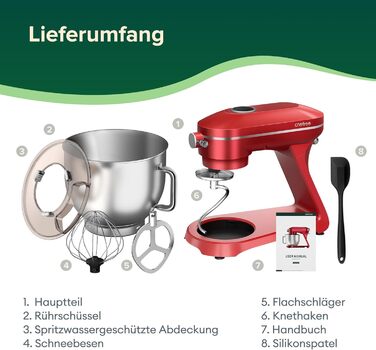 Планетарний міксер Chefree Profi 7л, 1800Вт, LED, 3 насадки, червоний