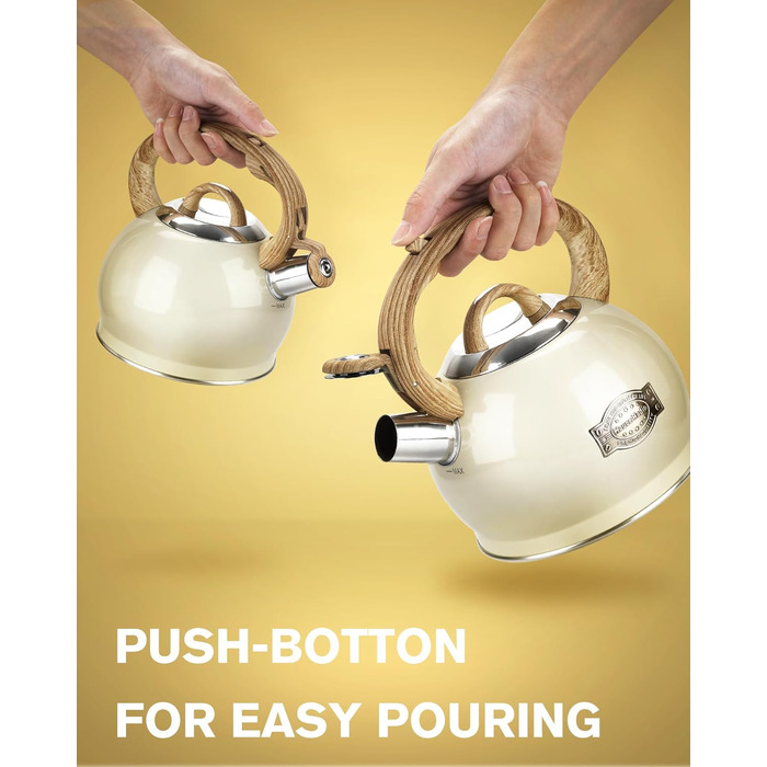 Чайник Teekessel 2.1 л з плитою, чайник з нержавіючої сталі з дерев'ястим декором, складаний ручка, для всіх типів плит (білий)