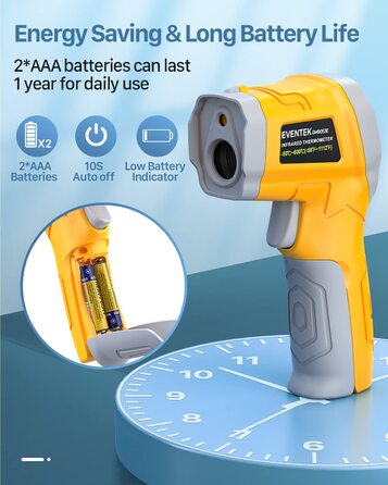 Інфрачервоний термометр Eventek -50°C ~ 600°C з лазером, регулюванням випромінювання та LCD-дисплеєм для гриля, піци, кухні та промисловості (жовтий)