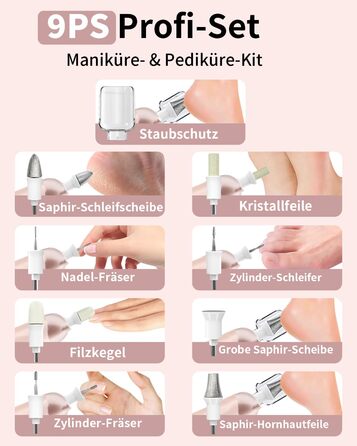 Електричний набір для манікюру та педикюру AOMEES з 9 насадками, LED-підсвічуванням та сумкою (Champagnergold)