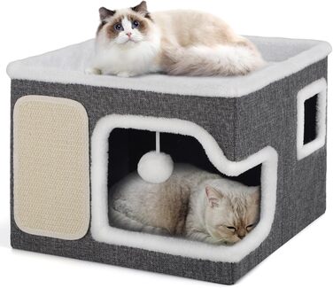 Шика Катценхаус: Розкладна котяча кімната для великих котів, 40x40x63 см, котячий куб, з притулком, ліжком та дряпалкою, з іграшкою (2-шарова, сірий)
