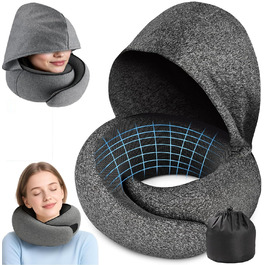 Подушка для шиї в літак з капюшоном, Memory Foam, для подорожей, офісу, авто. Зручно розкладається та зберігається.