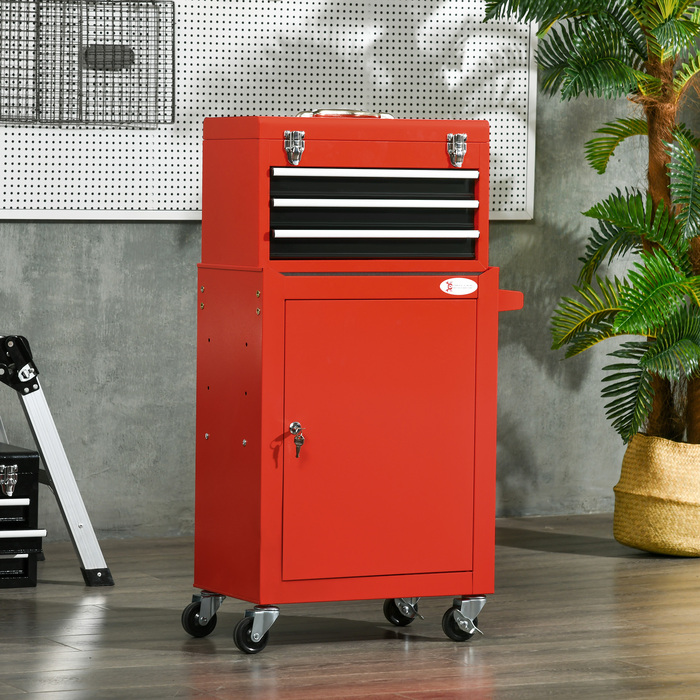 HOMCOM Lockable Toolbox with Steel Handle, Red, Ideal for Tools & Storage