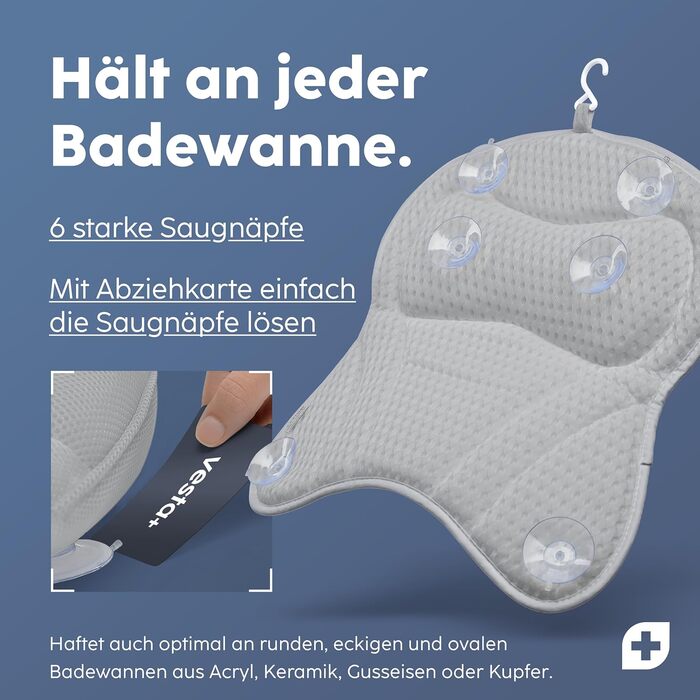 Vesta+ Grey Bath Pillow with Suction Cups - Tested Winner - Neck & Back Support - Non-Slip Bath Cushion for Bathtub & Shower