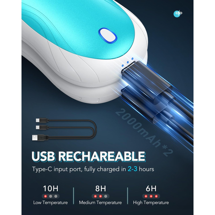 Електричні грілки для рук Cnkeeo, 2 шт. з роздільним магнітним з'єднанням, Powerbank USB, 3 режими нагріву, для активного відпочинку, риболовлі, полювання, чорно-білі (блакитні)