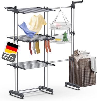 Сушарка для білизни Huracan 2в1: тур, розкладна, висувна, сіра. 3 яруси, 2 тримачі для шкарпеток та білизни.