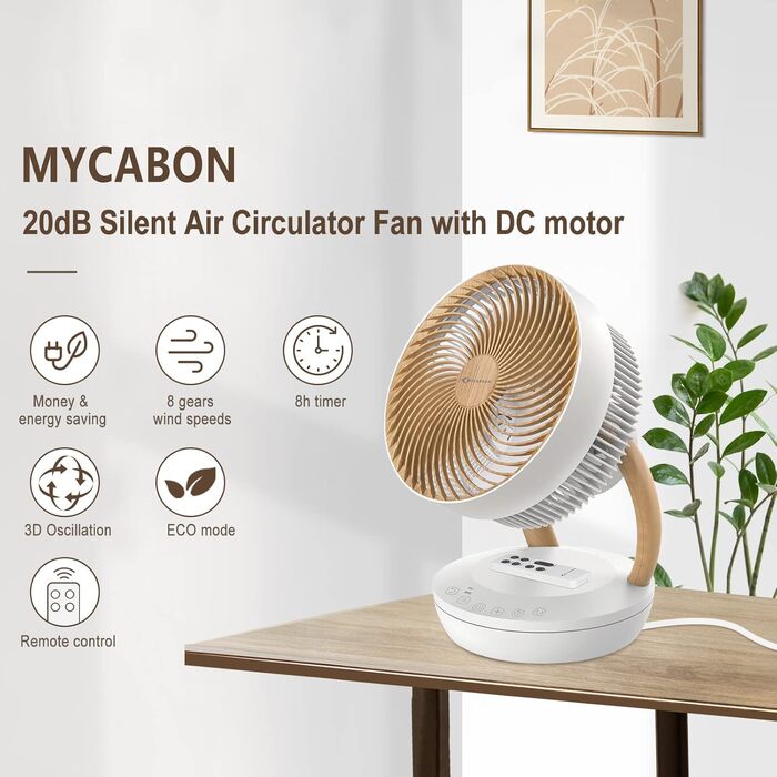 Вентилятор настільний MYCARBON FS05-A з таймером 8 годин, 8 швидкостей, ECO режим, 3D циркуляція повітря (1850 м³/год) для кімнати до 30 м²