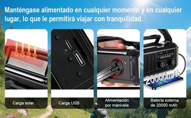 Радіостанція на сонячній батареї з живленням від ручки, 20000 mAh, SOS-сигнал, FM/AM, ліхтарик, компас, для кемпінгу та надзвичайних ситуацій (Чорний)