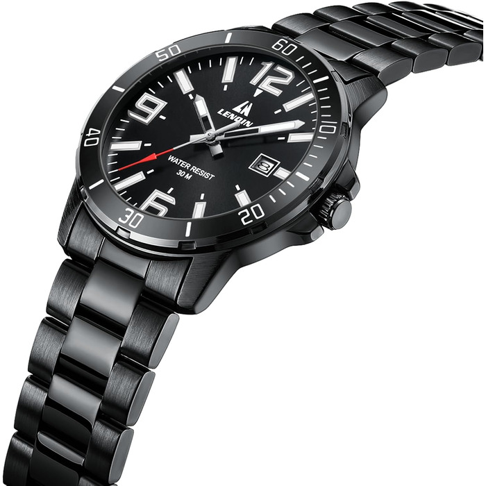 Годинник чоловічий LN LENQIN з нержавіючої сталі, водонепроникний, з датою, кварцовий, аналоговий, чорний, бізнес-стиль