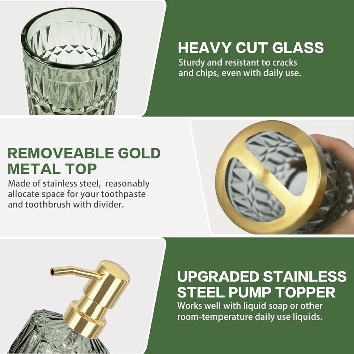 Набір аксесуарів для ванної кімнати зі скла (5 предметів), набір дозаторів для мила зі скла з нержавіючої сталі, елегантний сучасний декор для ванної кімнати, подарунок на День святого Валентина, день народження або новосілля (Shallowgreen)