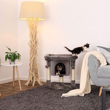 Lionto Scratching Post for Cats with Cave & 2 Plush Balls incl. Bell, Height 60 cm, Cat Tree with Robust Sisal Rope & Soft Plush, Cozy Lying Area, for Small & Large Cats (Dark Grey)
