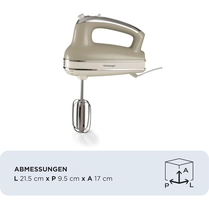 Міксер ручний Ariete Vintage 1548, 450W, Бежевий, 5 швидкостей, турбо-функція, 2 насадки для тіста та збивання