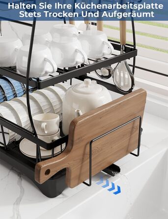 Сушарка для посуду Yissvic з нержавіючої сталі, 3-рівнева, з піддоном, тримачем для ножів та дощечкою для нарізання, поворотним виливом, чорна